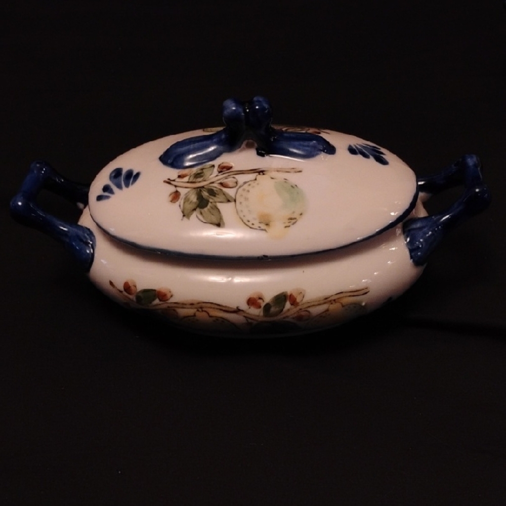Vintage-Style Lemon Ceramic Tureen with Lid | Blue Handle Detail | 9" Wide